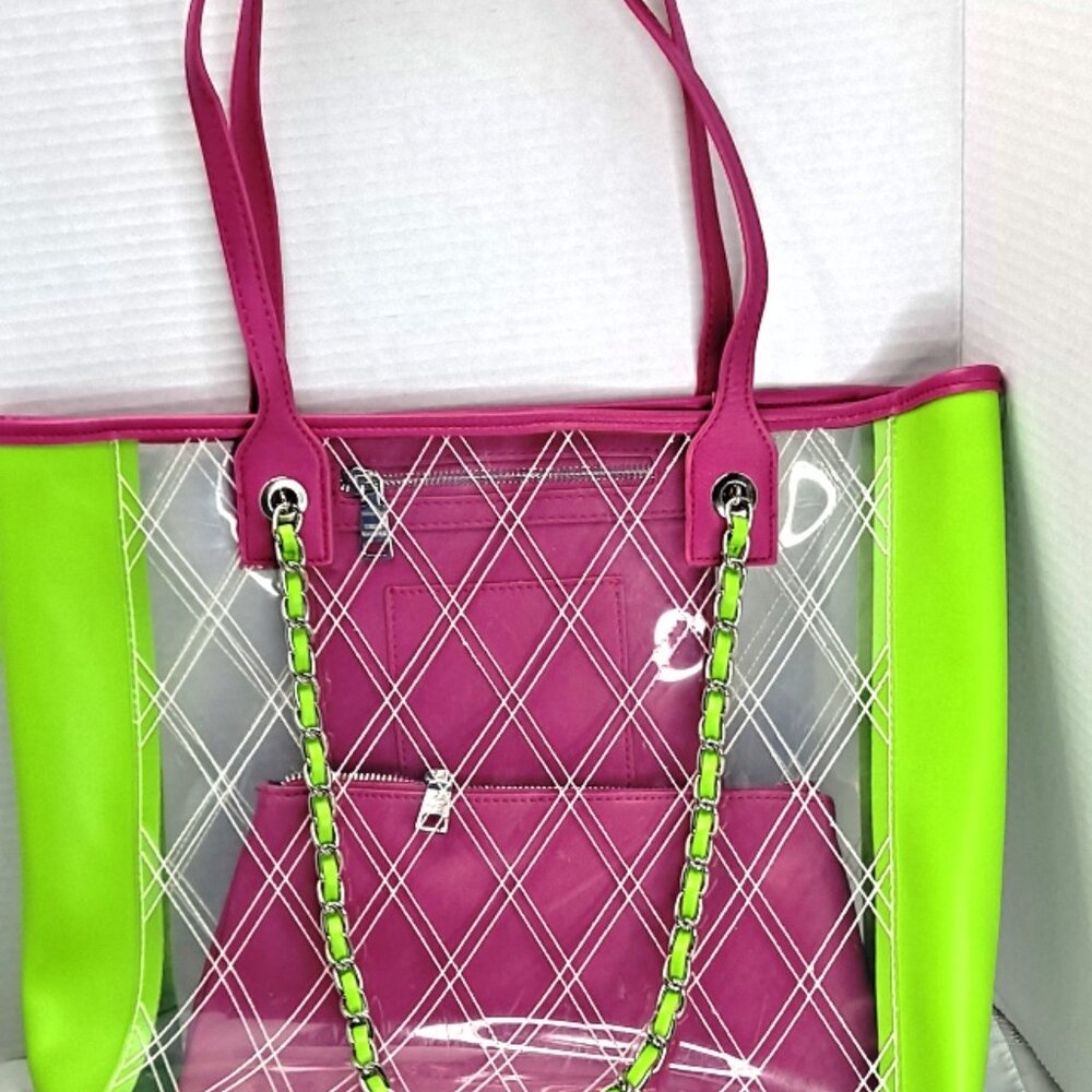 ~RARE~ STEVE MADDEN CLEAR TOTE 3 in 1 BAG  *LIME GREEN & PINK*  STUNNING STYLE